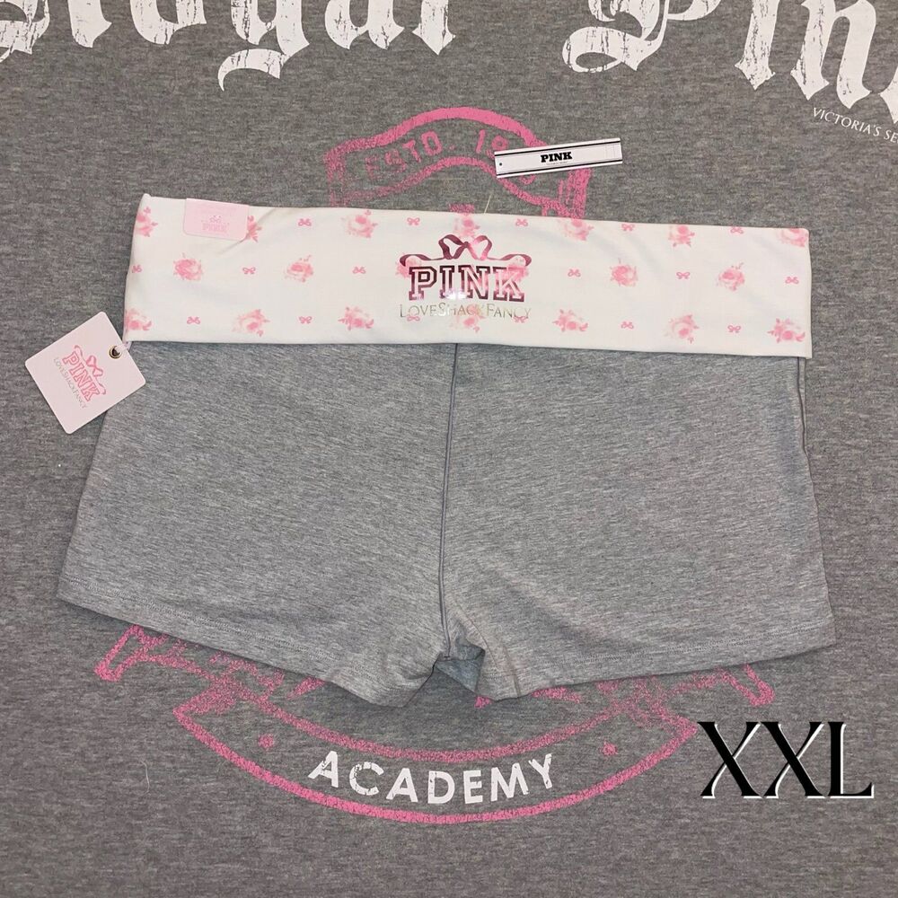 PINK x LoveShackFancy Foldover Micro Shorts Heather Gray Floral Bows Size XXL